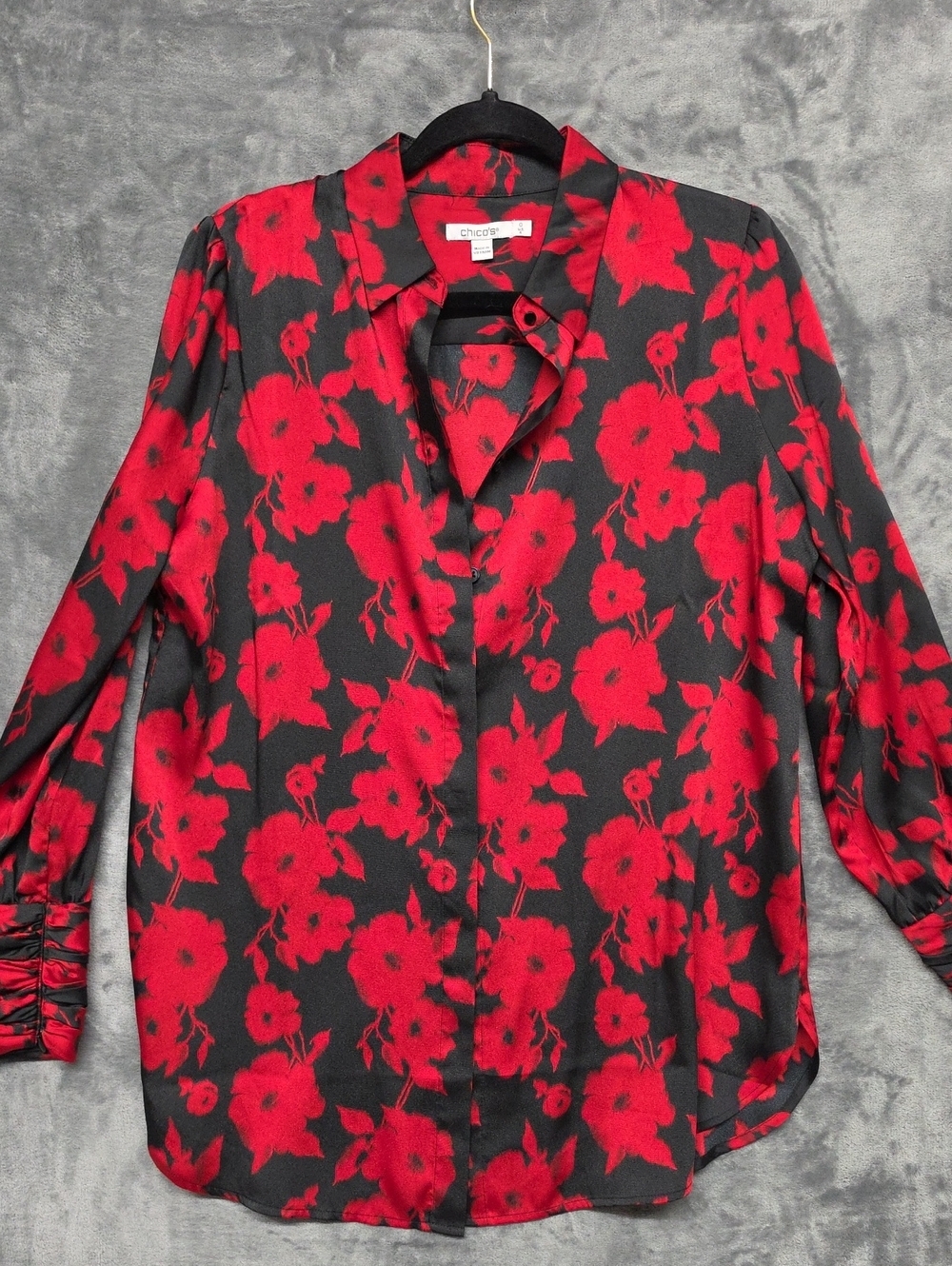 Chico's Size 4 Black Red Floral Button Down Blouse Long Sleeve Workwear Plus